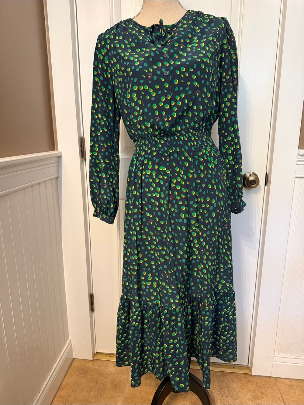 TUCKER Blue Green Polka Dot Long Sleeve Midi Dress silk smocked waist size S